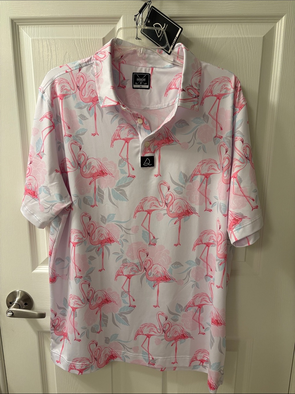 Men's Short-Sleeve Flamingo Print Polo - Pink on White